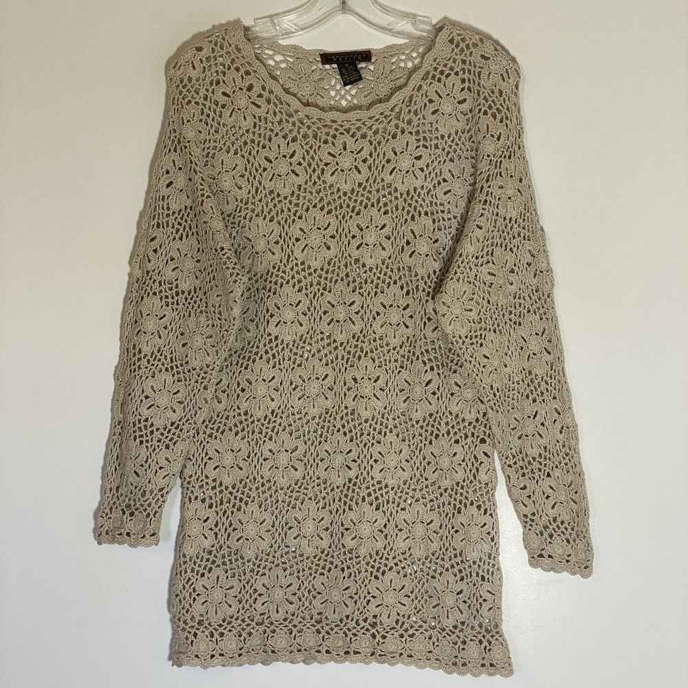 Yarn Works Petite Sweater Womens PM Tan Open Knit Floral Lace Boho Tunic Y2K Fun